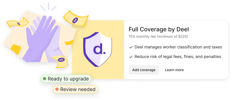 Deel coverage card illustration with a high-five and status chips reading Ready to upgrade and Review needed