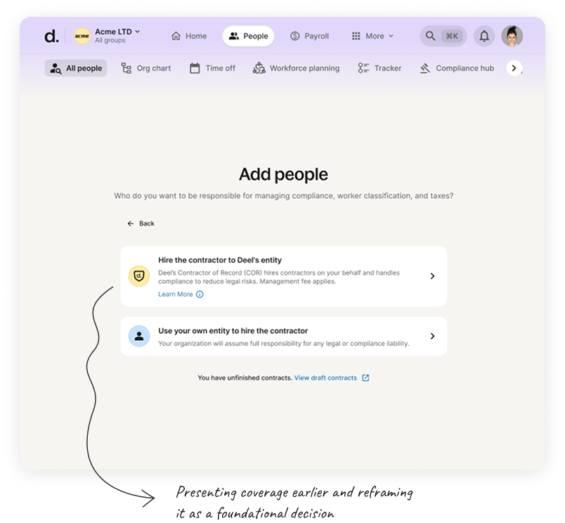 Deel Add people screen, annotated: presenting coverage earlier and reframing it as a foundational decision
