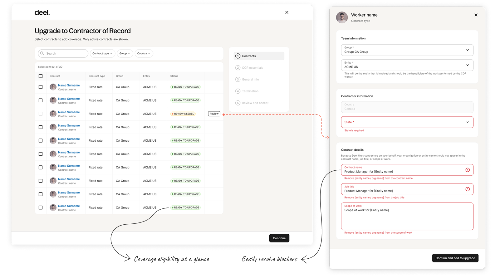 Deel bulk upgrade to Contractor of Record screen and worker detail form, annotated: coverage eligibility at a glance, and easily resolve blockers