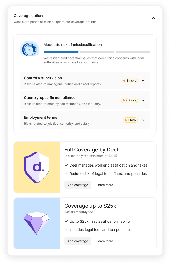 Moderate risk coverage panel: risk meter, risk breakdown, and two coverage option cards
